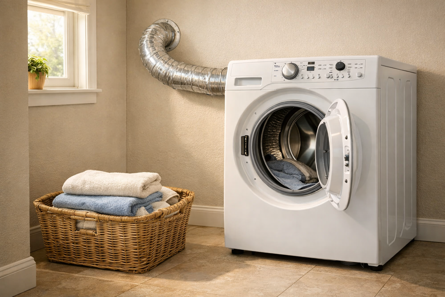 Home dryer connected to metal vent duct