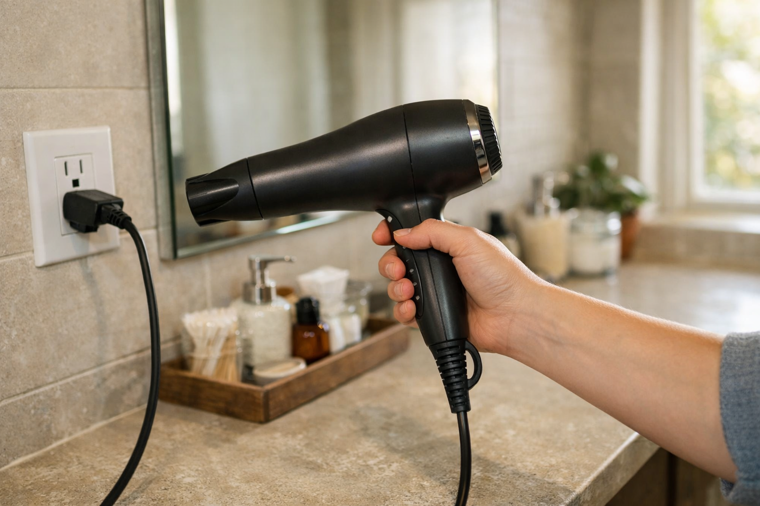 Person using a hair dryer in a home bathroom