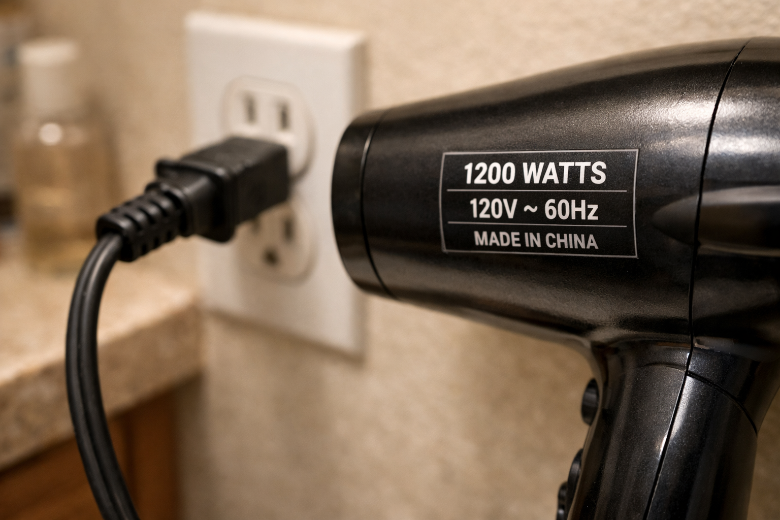 Hair dryer plugged in showing wattage and voltage label