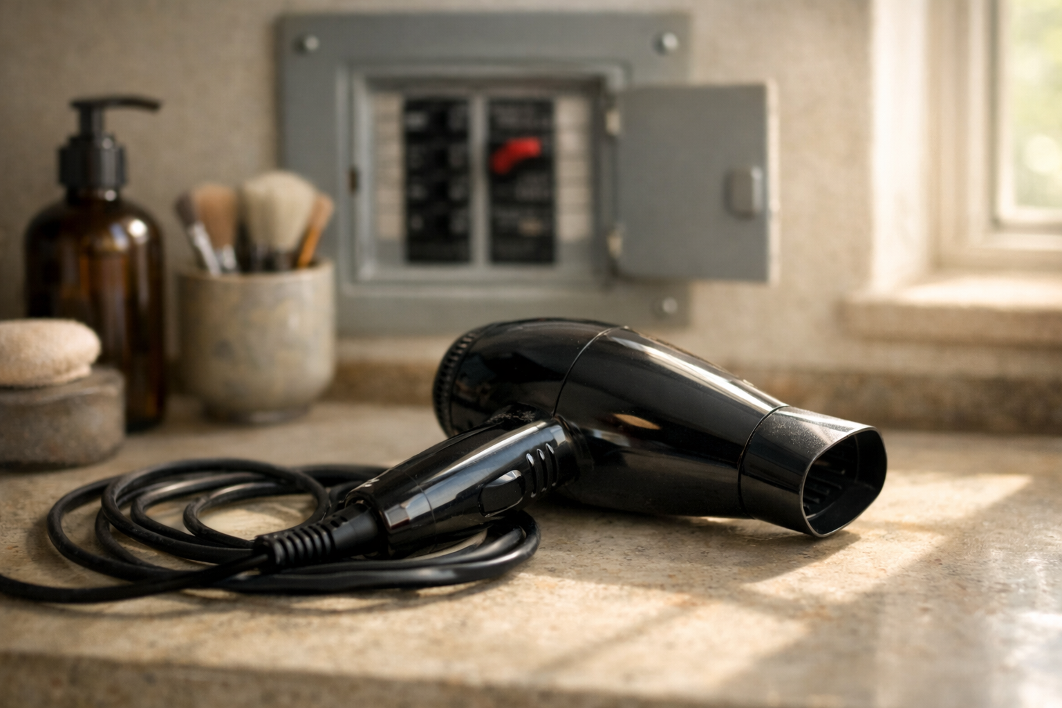 Hair dryer on counter with tripped circuit breaker in background