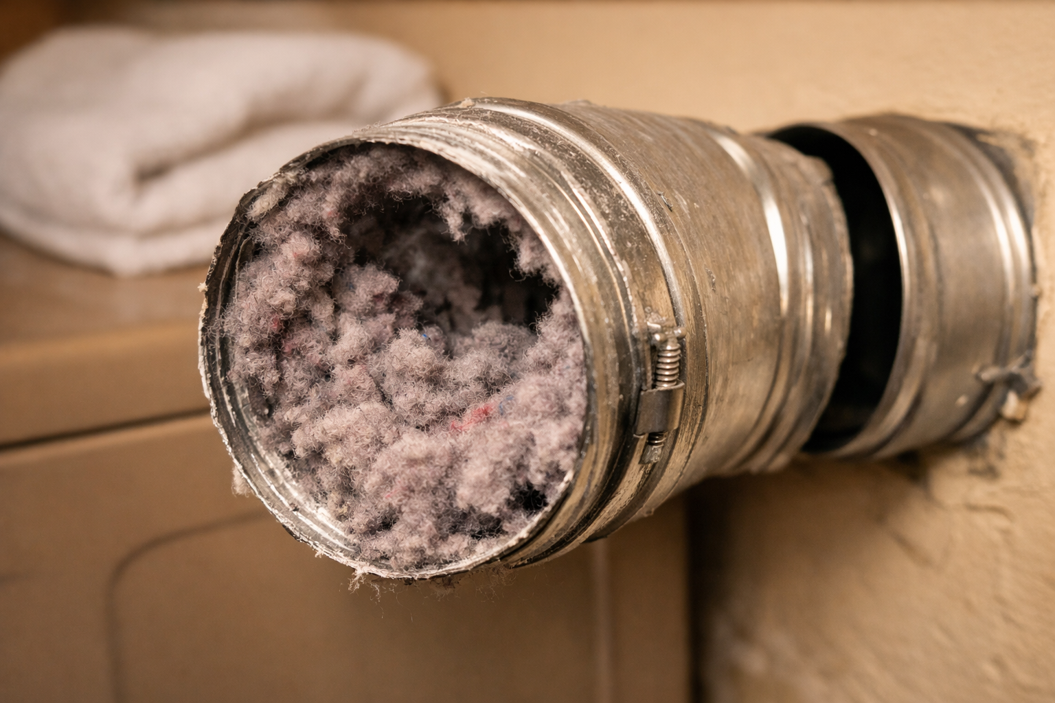 Partially disconnected dryer vent showing lint buildup and dust