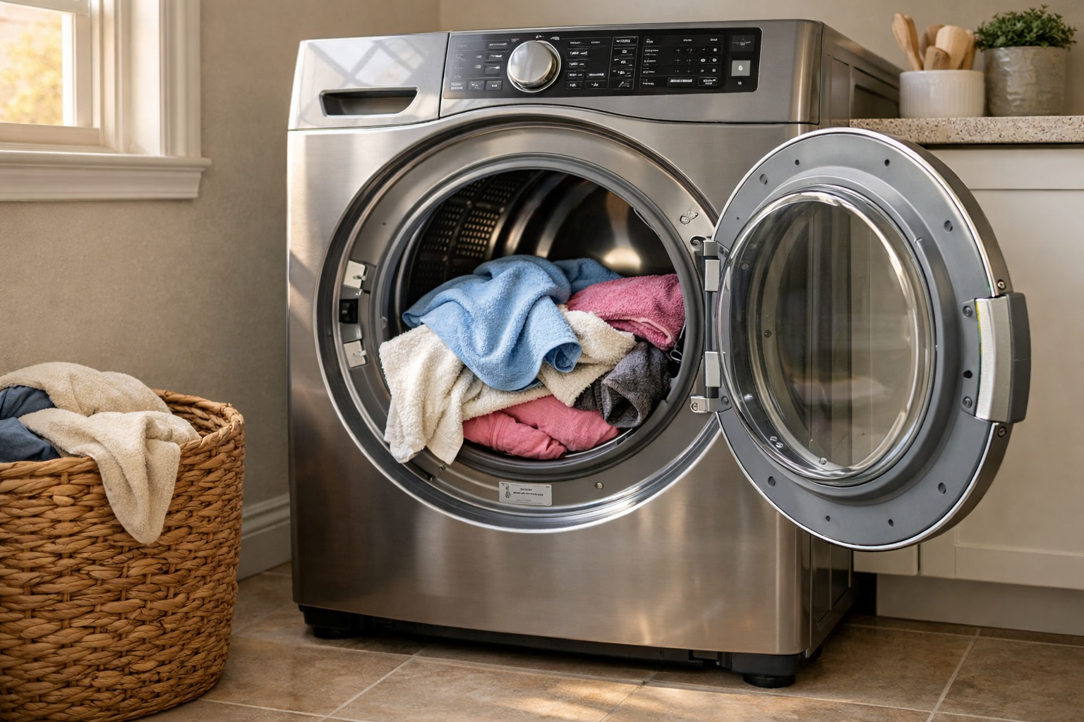 Modern residential dryer with clothes inside and laundry basket nearby