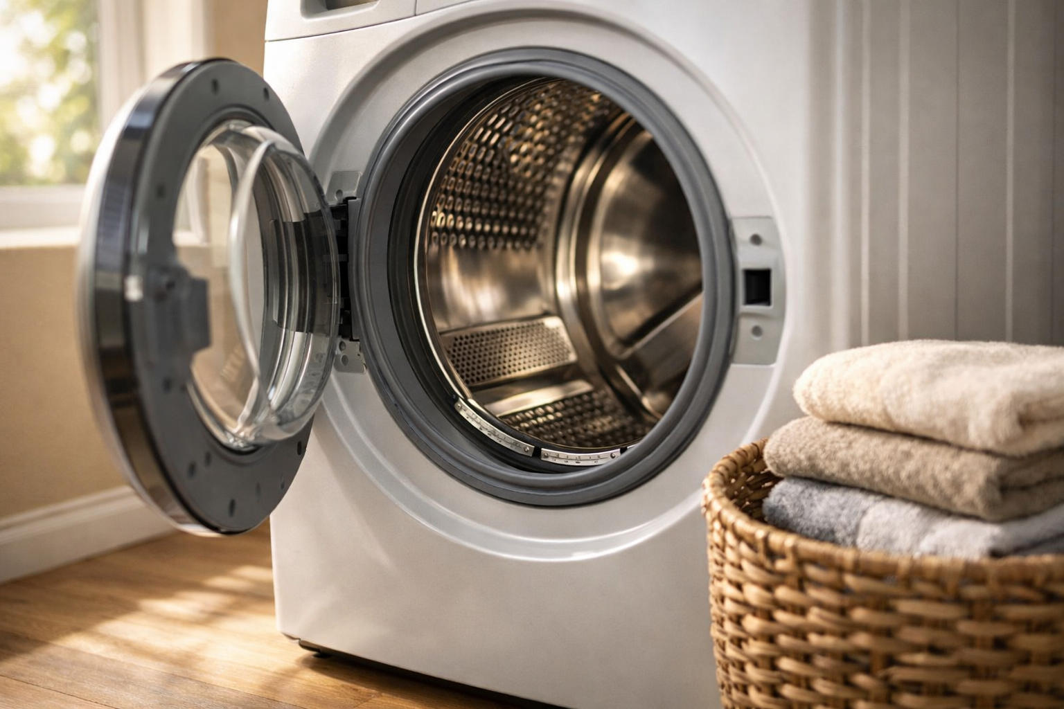 Front-loading dryer with visible moisture sensor in home laundry room