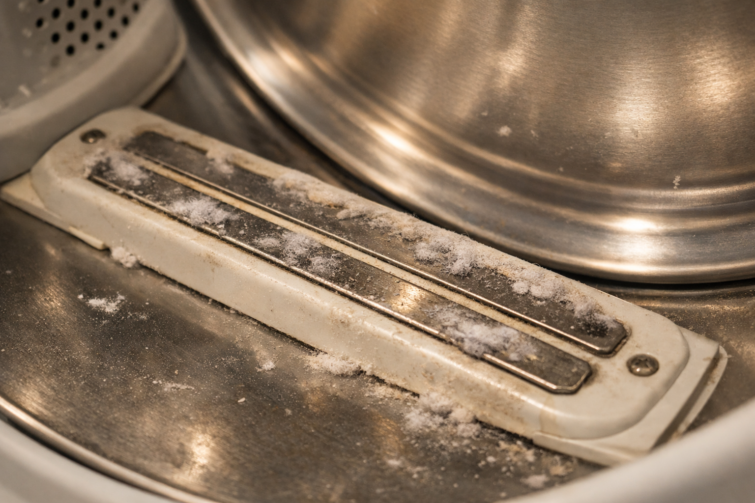 Dryer sensor strips with lint and detergent residue buildup close-up