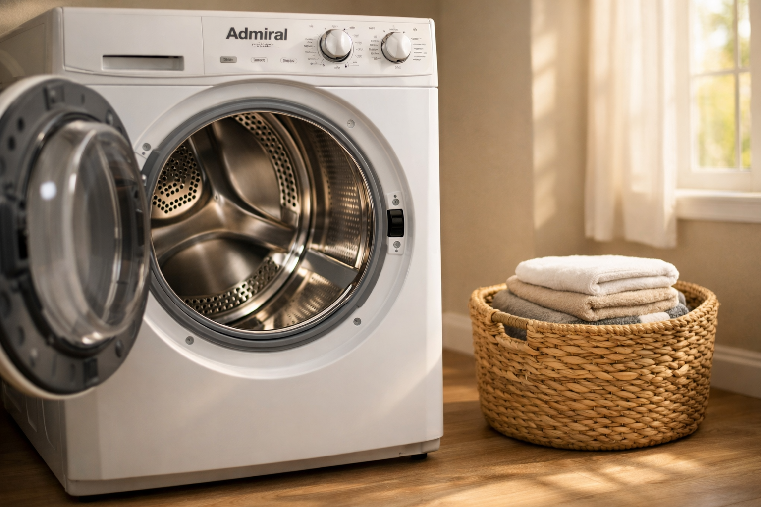 Admiral front-loading dryer in home laundry room interior