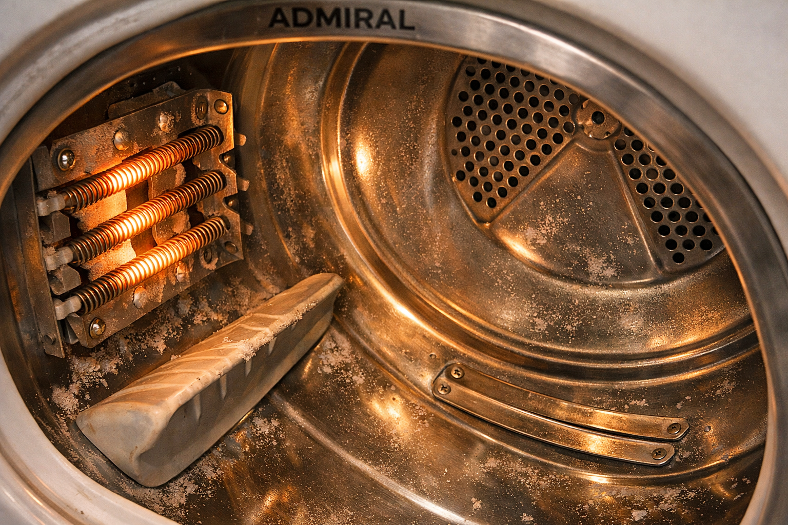 Close-up of Admiral dryer drum with heating element and lint
