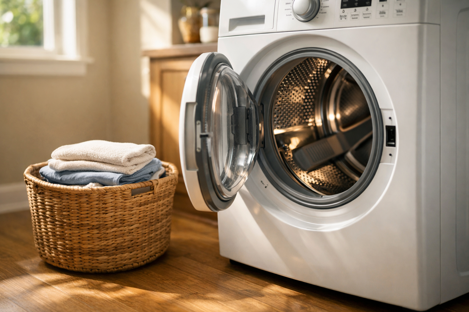 Front-loading dryer in San Mateo home laundry room interior