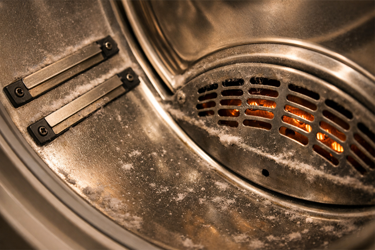 Dryer drum close-up with moisture sensor and lint buildup