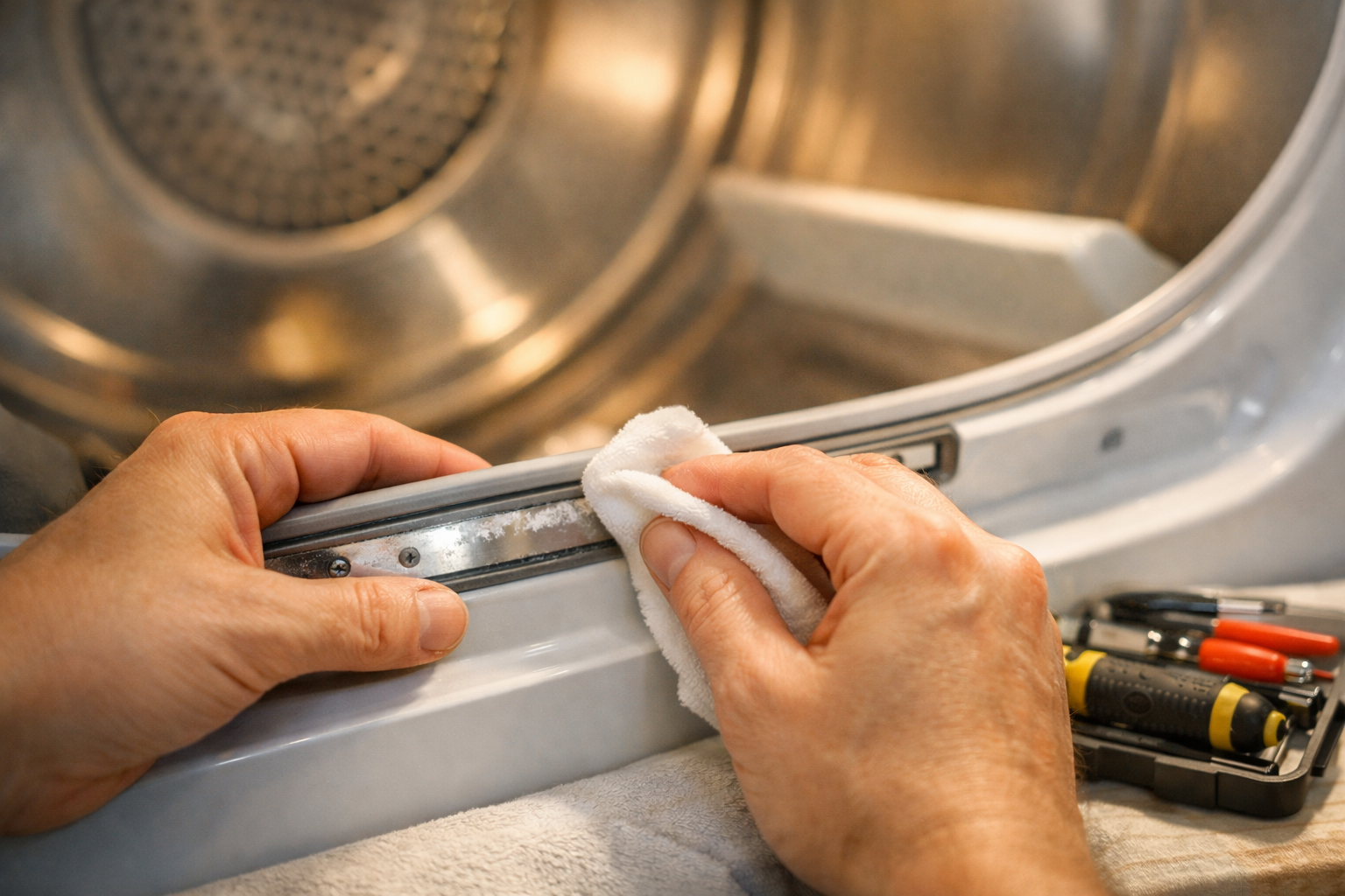 Hands cleaning dryer moisture sensor with cloth at home