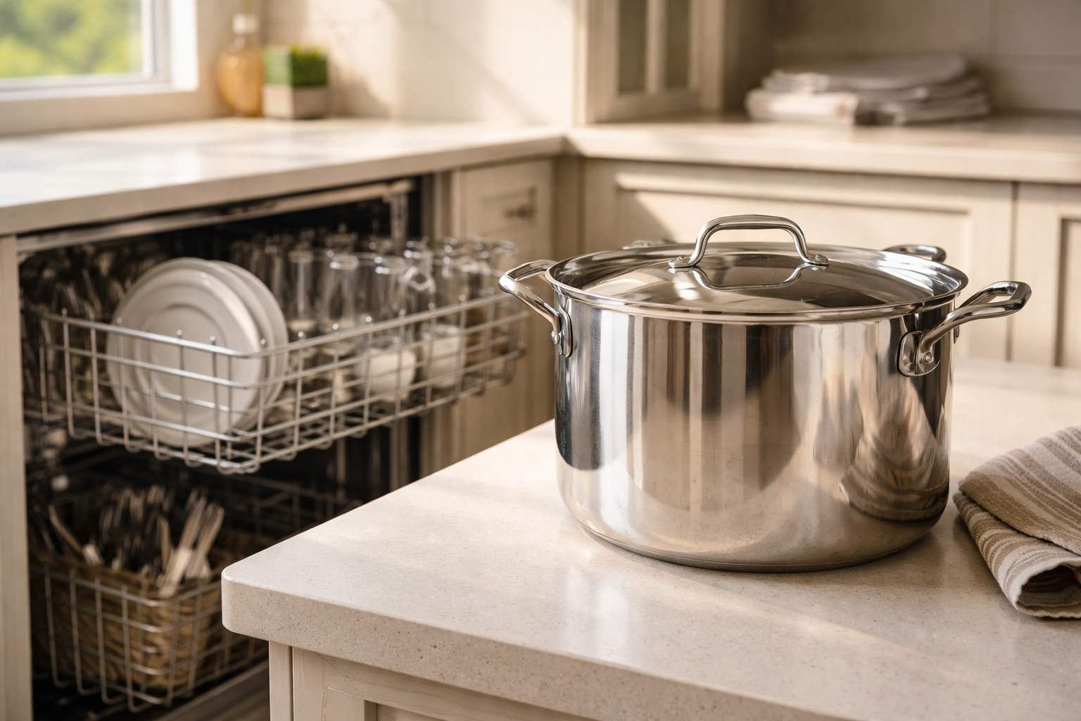 All-Clad stainless steel pot next to open dishwasher in kitchen
