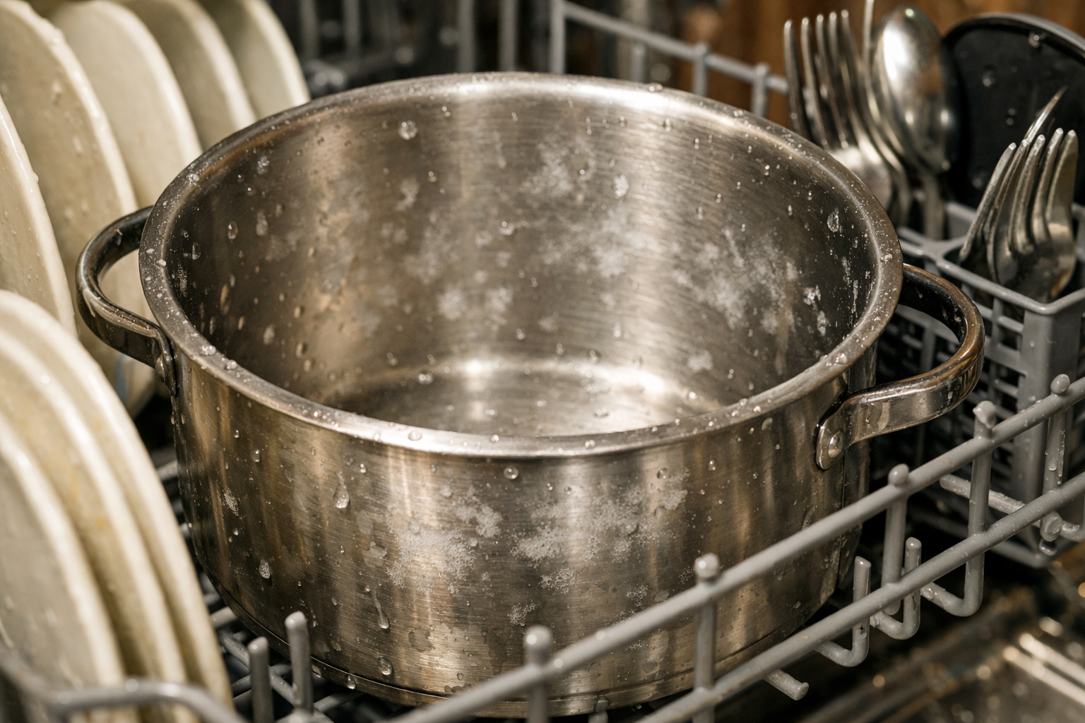 Stainless steel pot with cloudy residue inside dishwasher rack