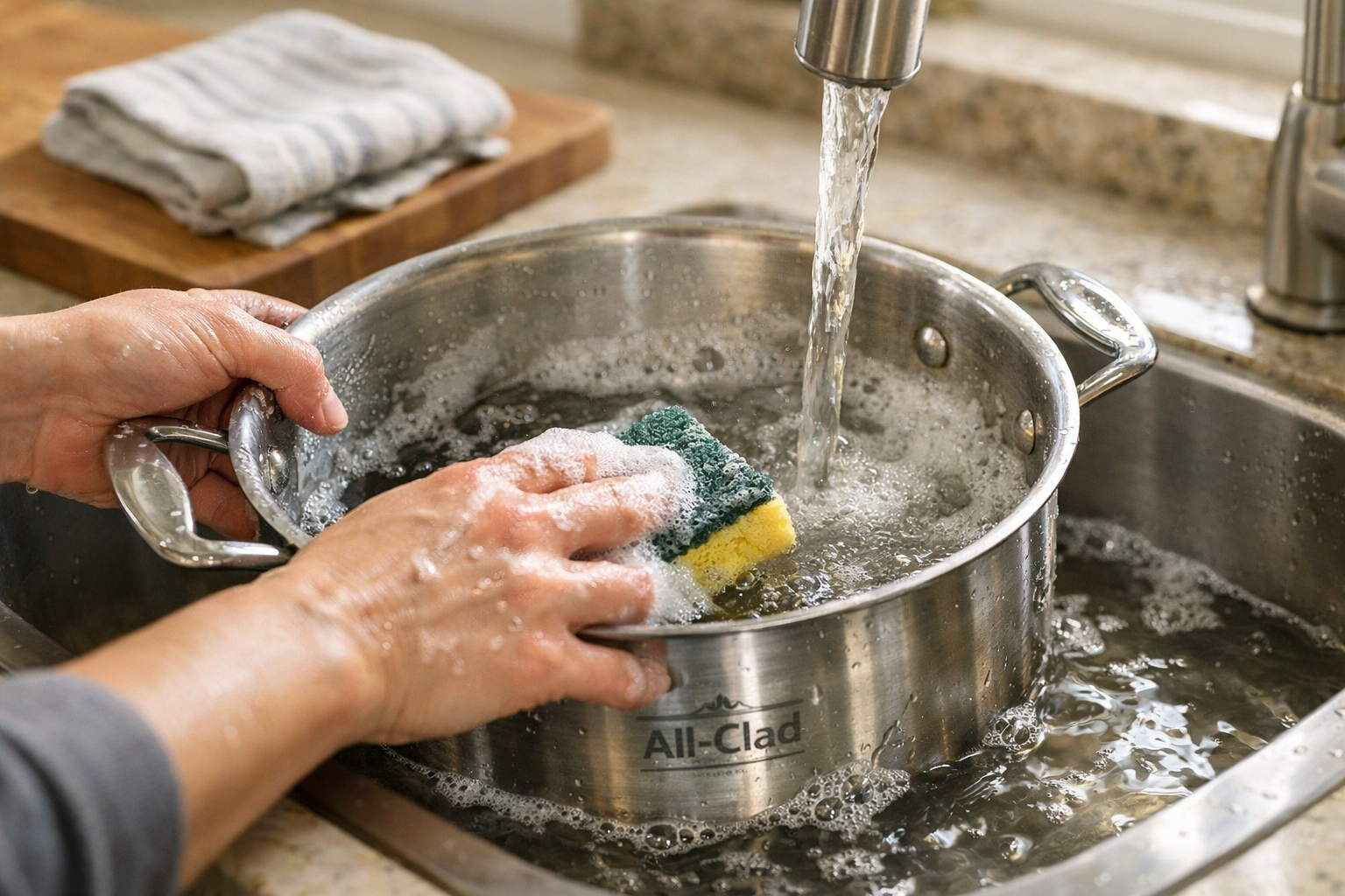 Hand washing stainless steel All-Clad pot in kitchen sink