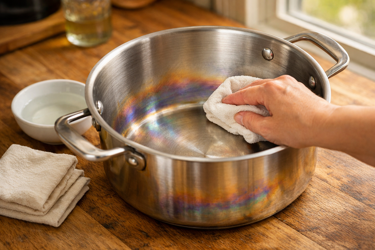 Removing rainbow discoloration from stainless steel pot using vinegar