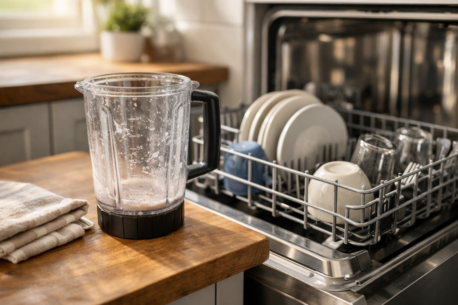 Blender jar next to open dishwasher in home kitchen