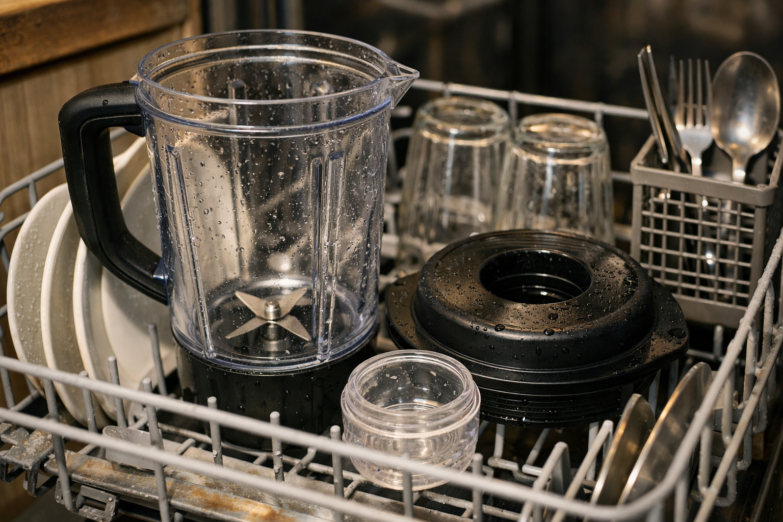 Blender jar and lid placed on dishwasher top rack