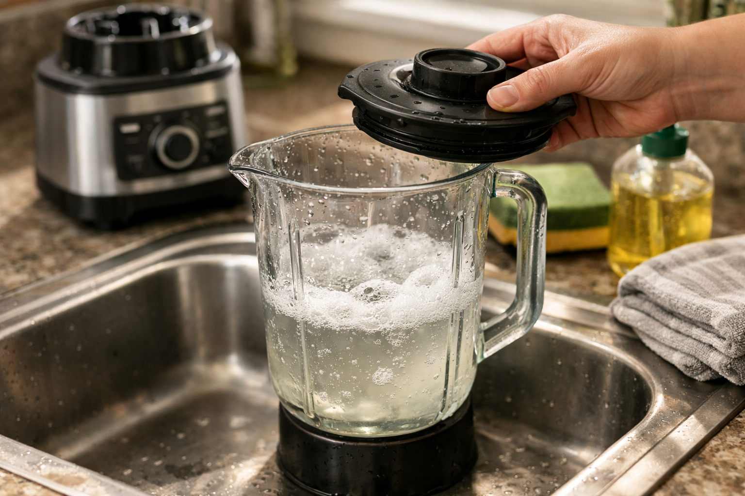 Cleaning blender jar with warm soapy water in kitchen sink