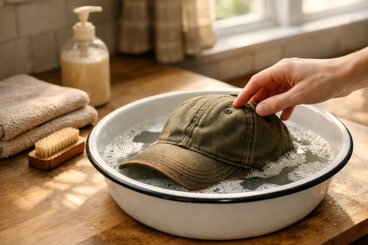 Hand cleaning hat in lukewarm water on kitchen countertop