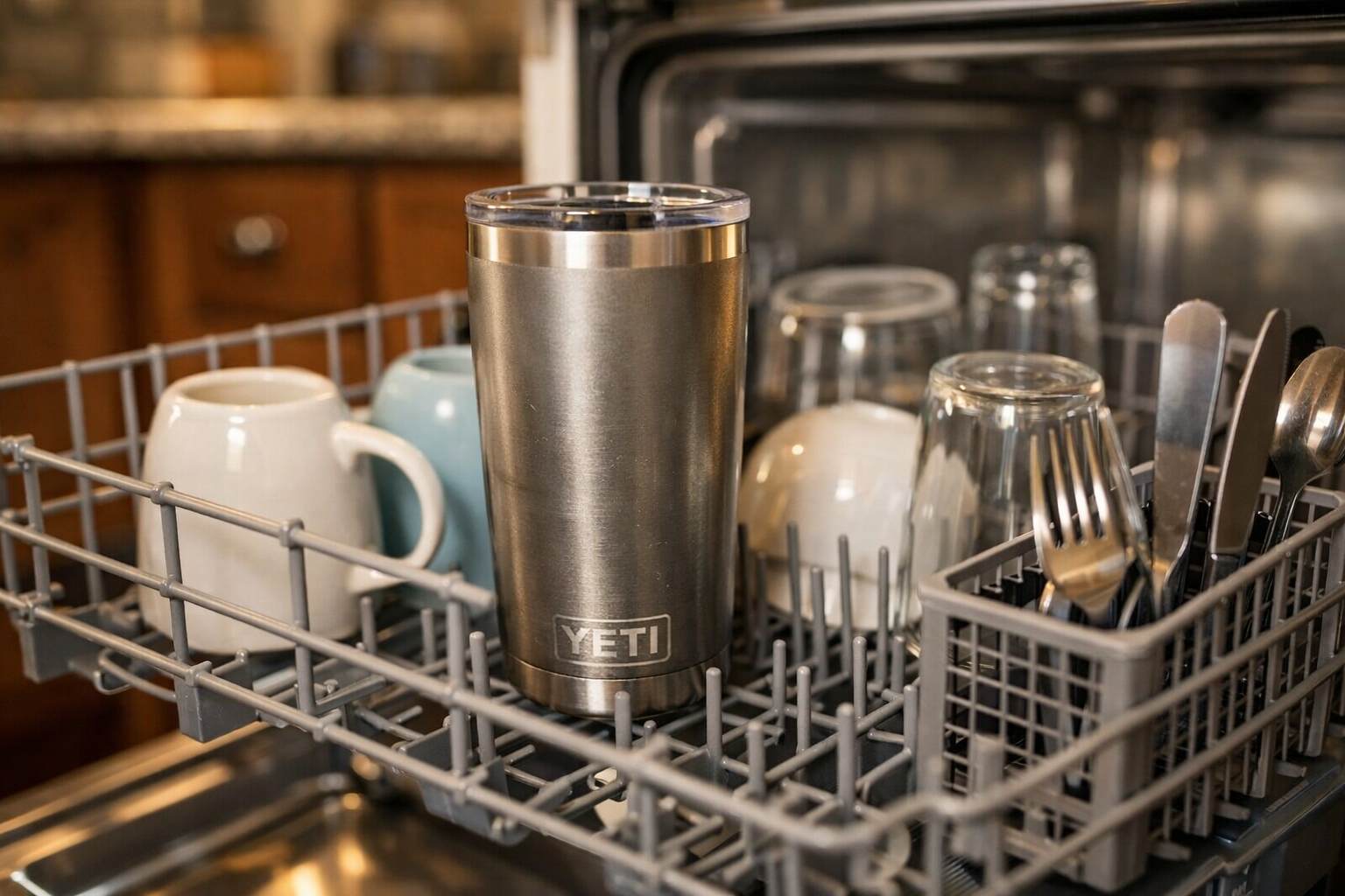 Yeti Rambler tumbler placed on dishwasher top rack for cleaning