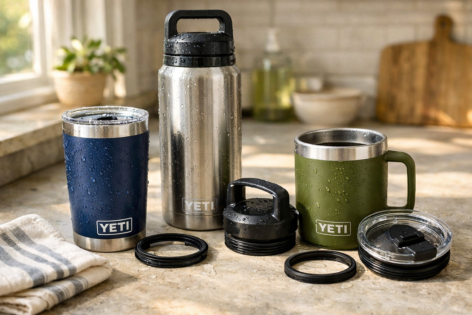 Clean Yeti tumblers and lids drying on kitchen counter