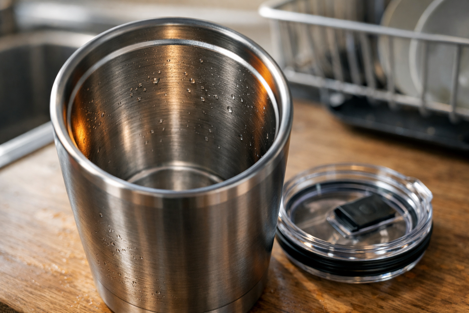 Close-up of stainless steel insulated tumbler interior after washing