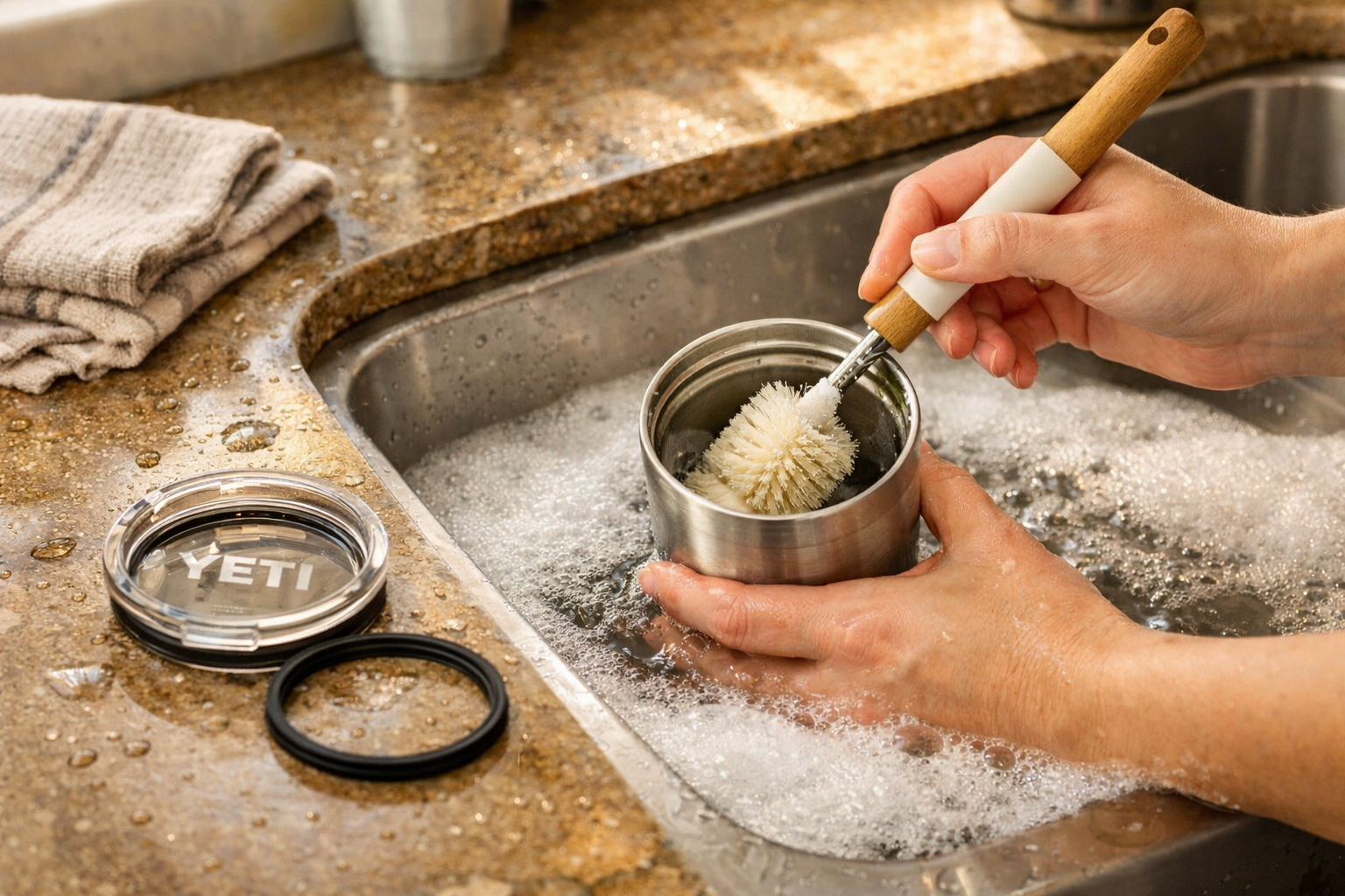 Hand washing stainless steel Yeti tumbler with bottle brush
