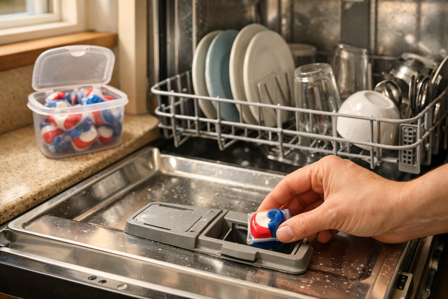 Hand placing dishwasher pod into dishwasher detergent compartment
