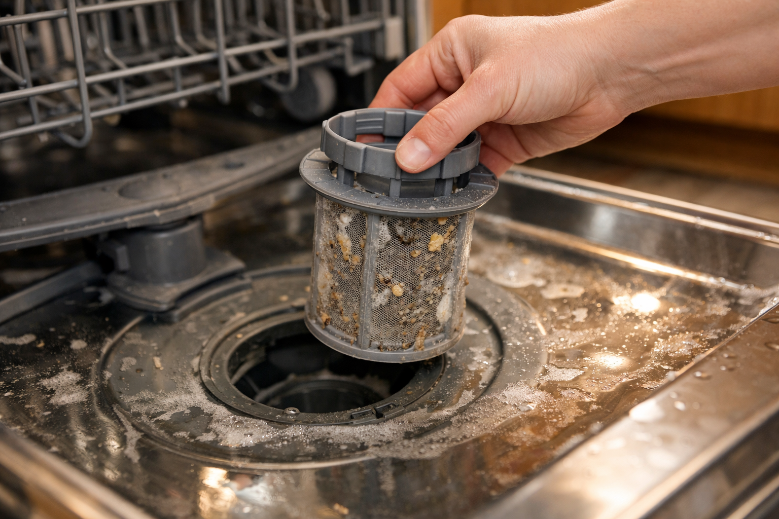 Dishwasher filter being removed with water and food debris visible