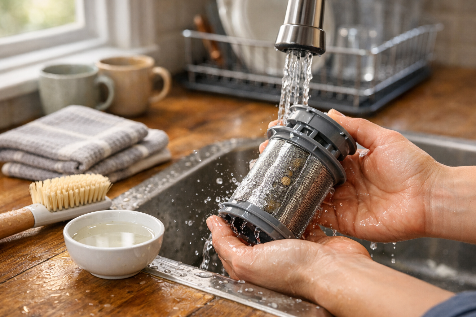 Cleaning dishwasher filter under running kitchen sink water