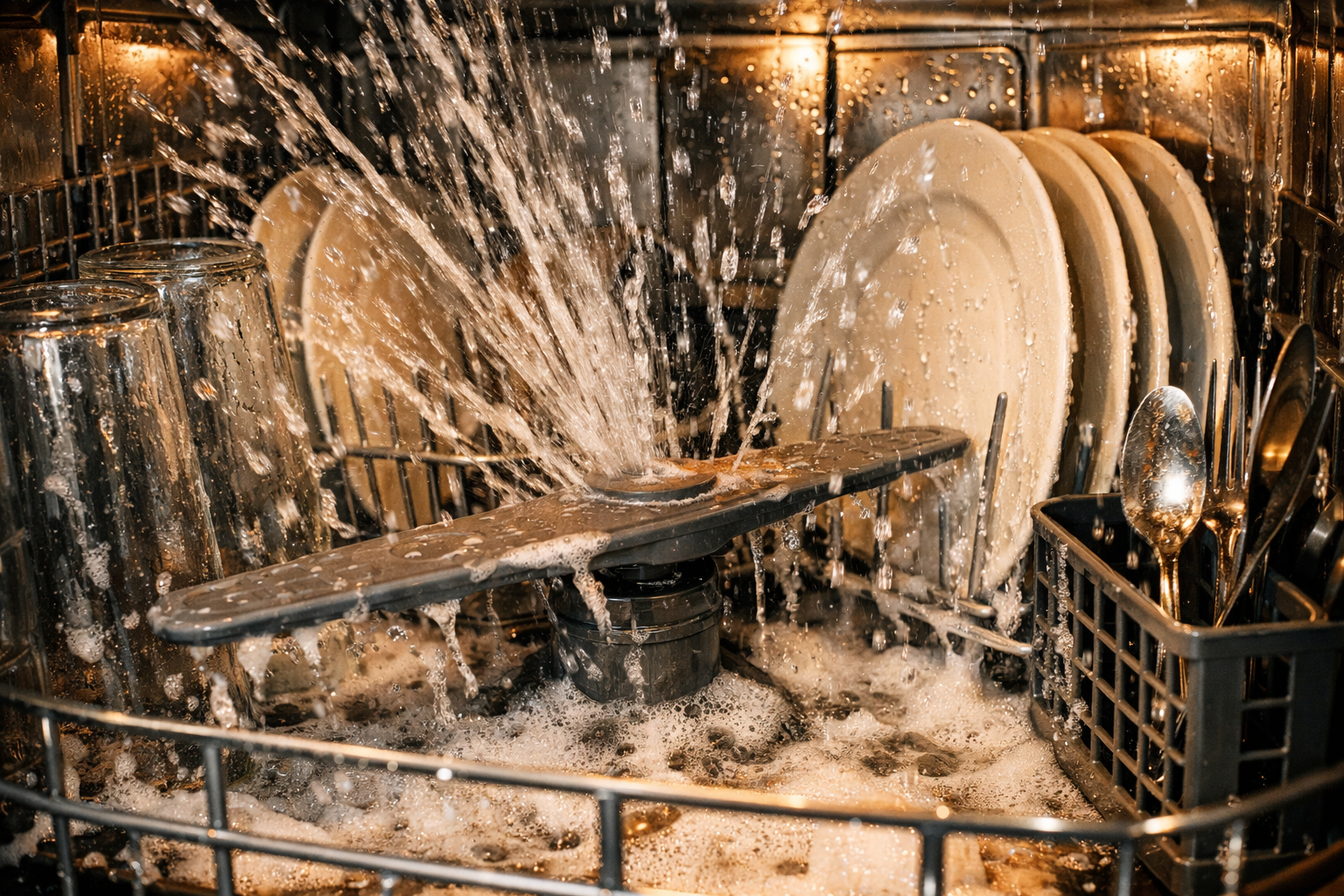 Dishwasher interior with water spray dissolving detergent during wash cycle