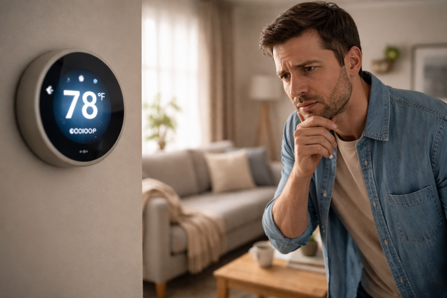 Homeowner checking thermostat while HVAC is not blowing cold air indoors