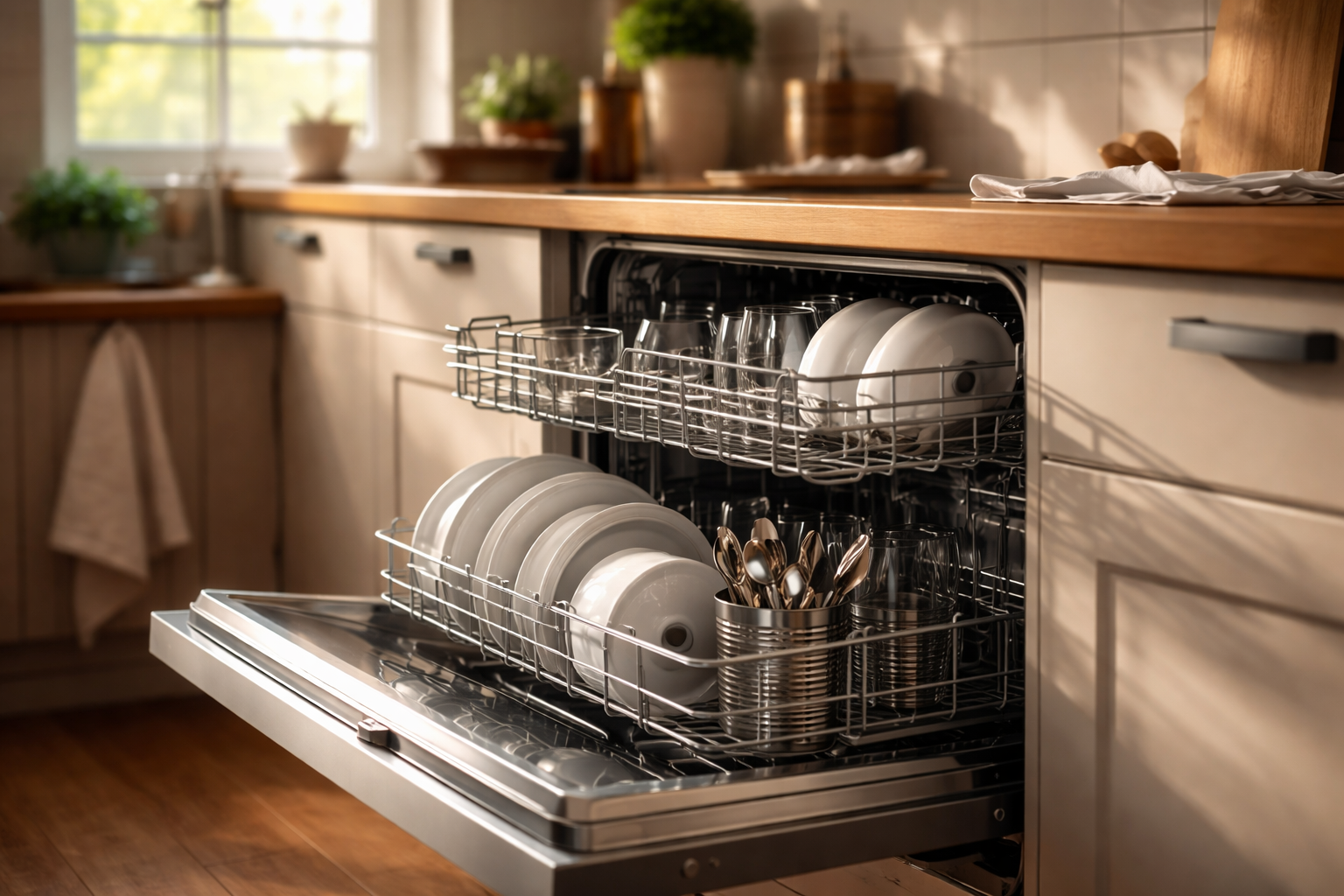 Modern kitchen dishwasher open with clean dishes inside