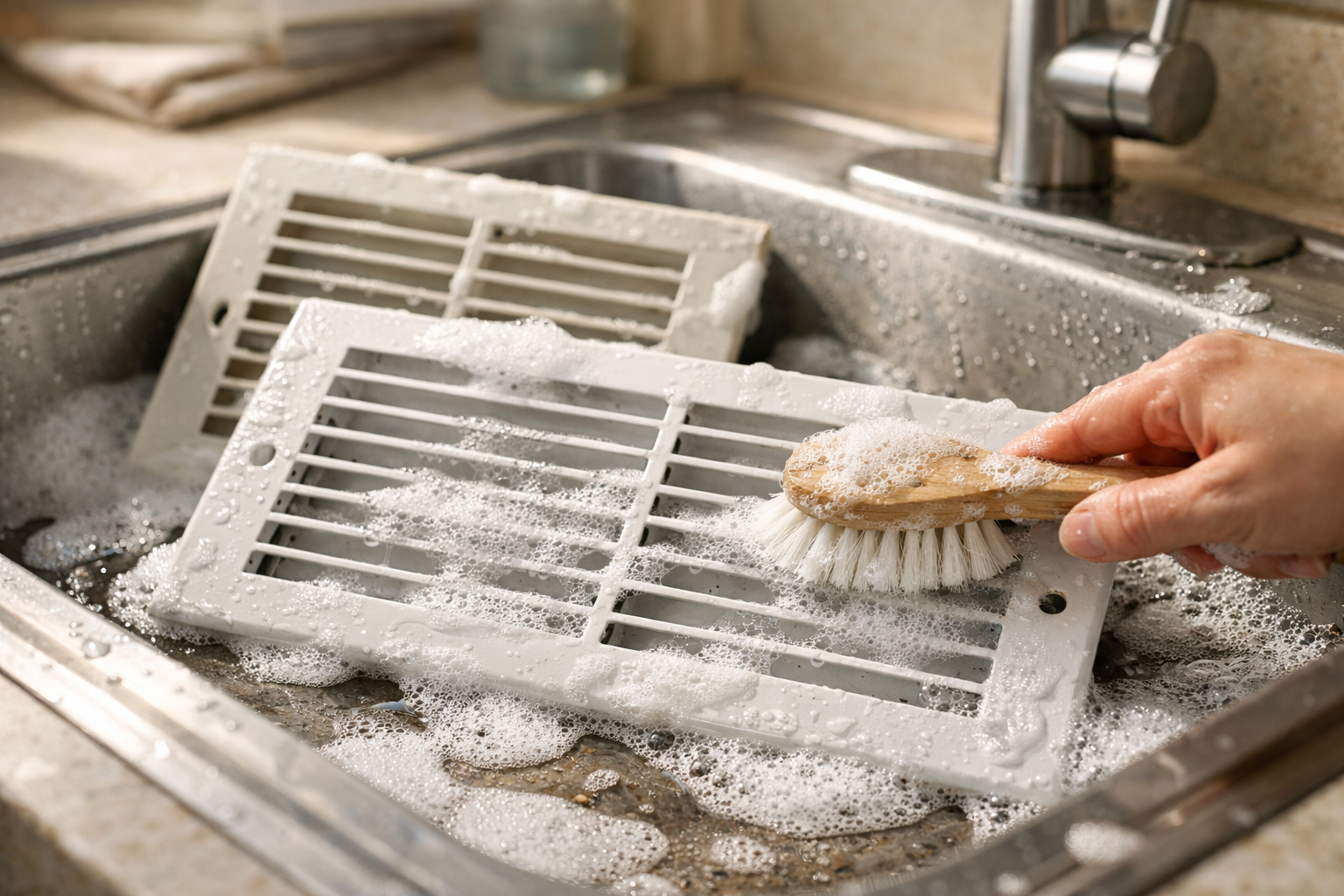 Cleaning HVAC vent covers with soap and water at home