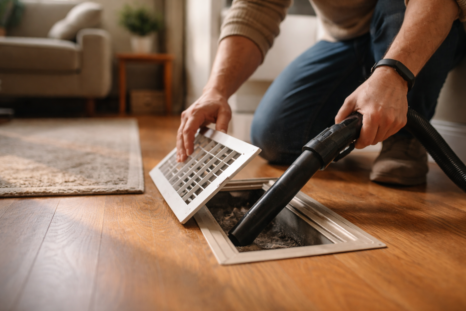 Homeowner vacuuming HVAC air vent inside a living room