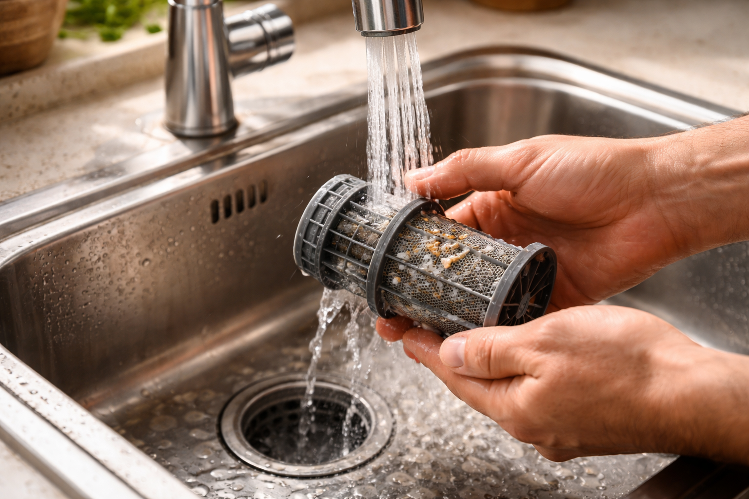 Person cleaning dishwasher filter under running water in kitchen sink