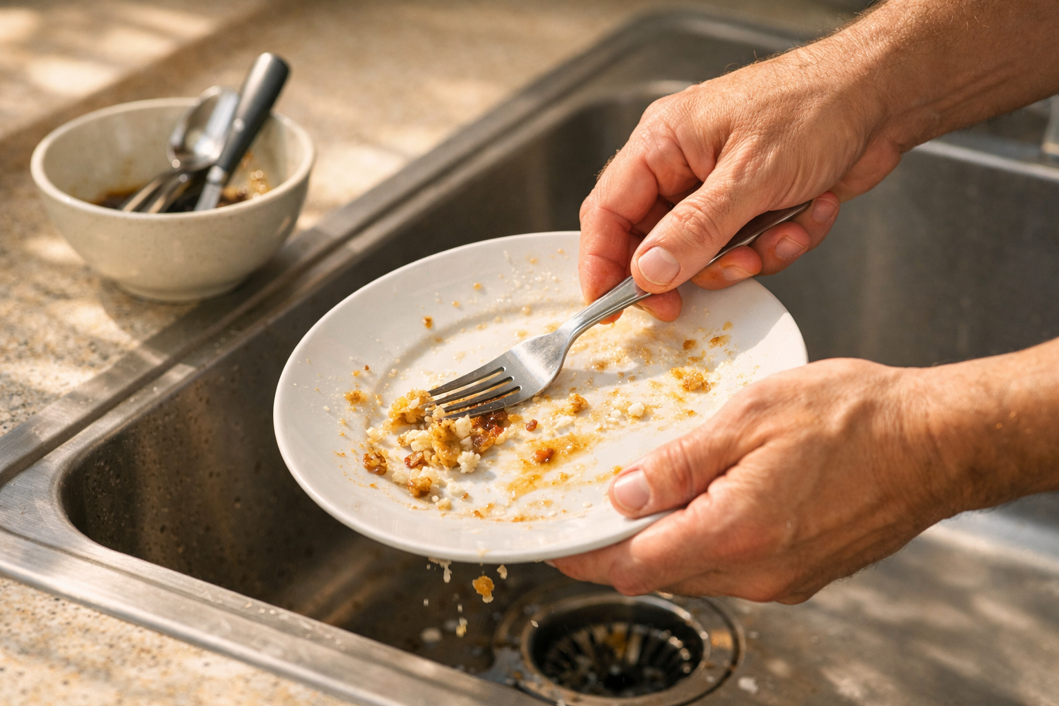 Hands scraping plates before loading Bosch dishwasher in kitchen