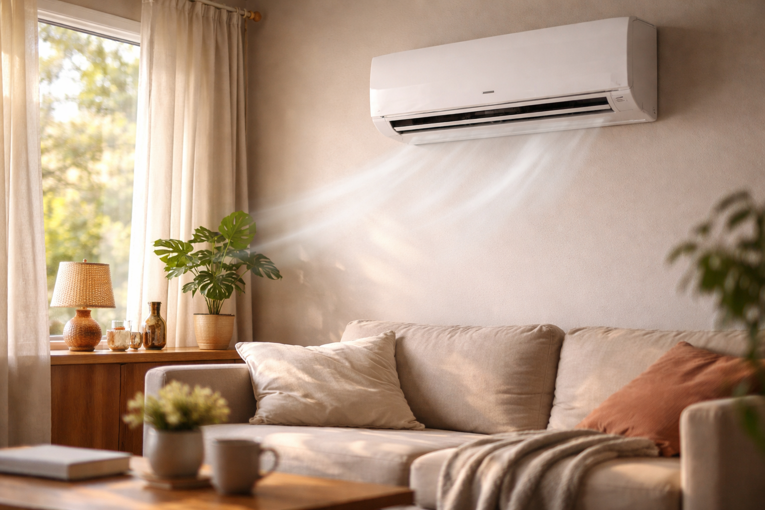 modern home air conditioner cooling room with natural sunlight