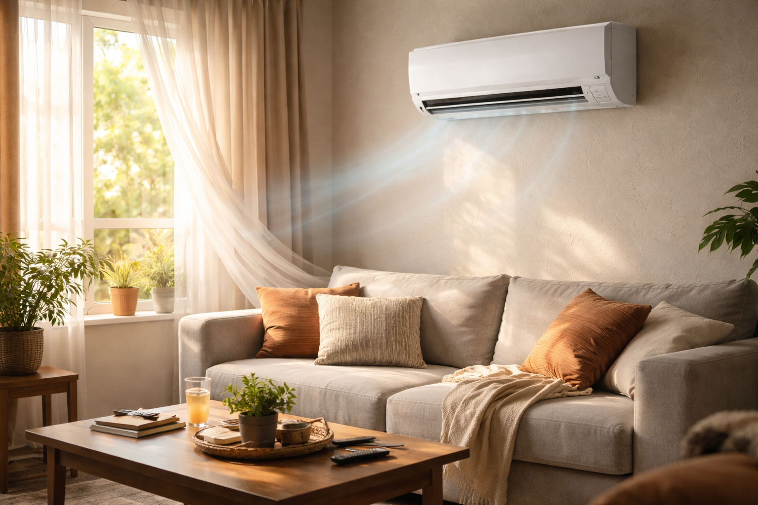 modern living room with air conditioner cooling during hot day