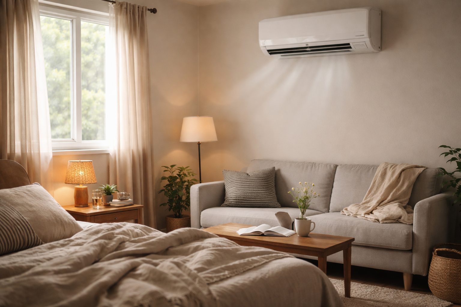 small room cooled by air conditioner with comfortable indoor setting