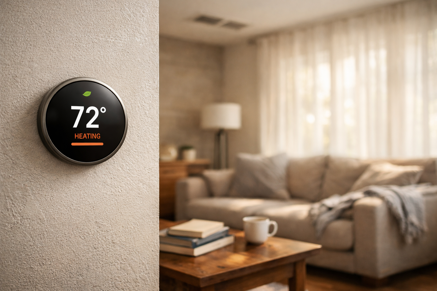 modern living room with visible thermostat and ceiling vents