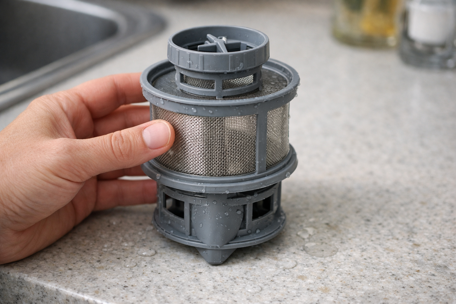 Close-up of dishwasher filter showing fine mesh and coarse sections
