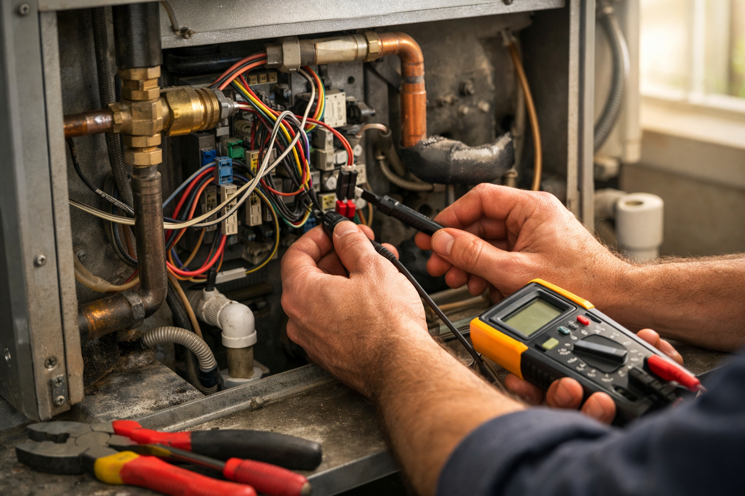 Technician inspecting HVAC internal components with multimeter