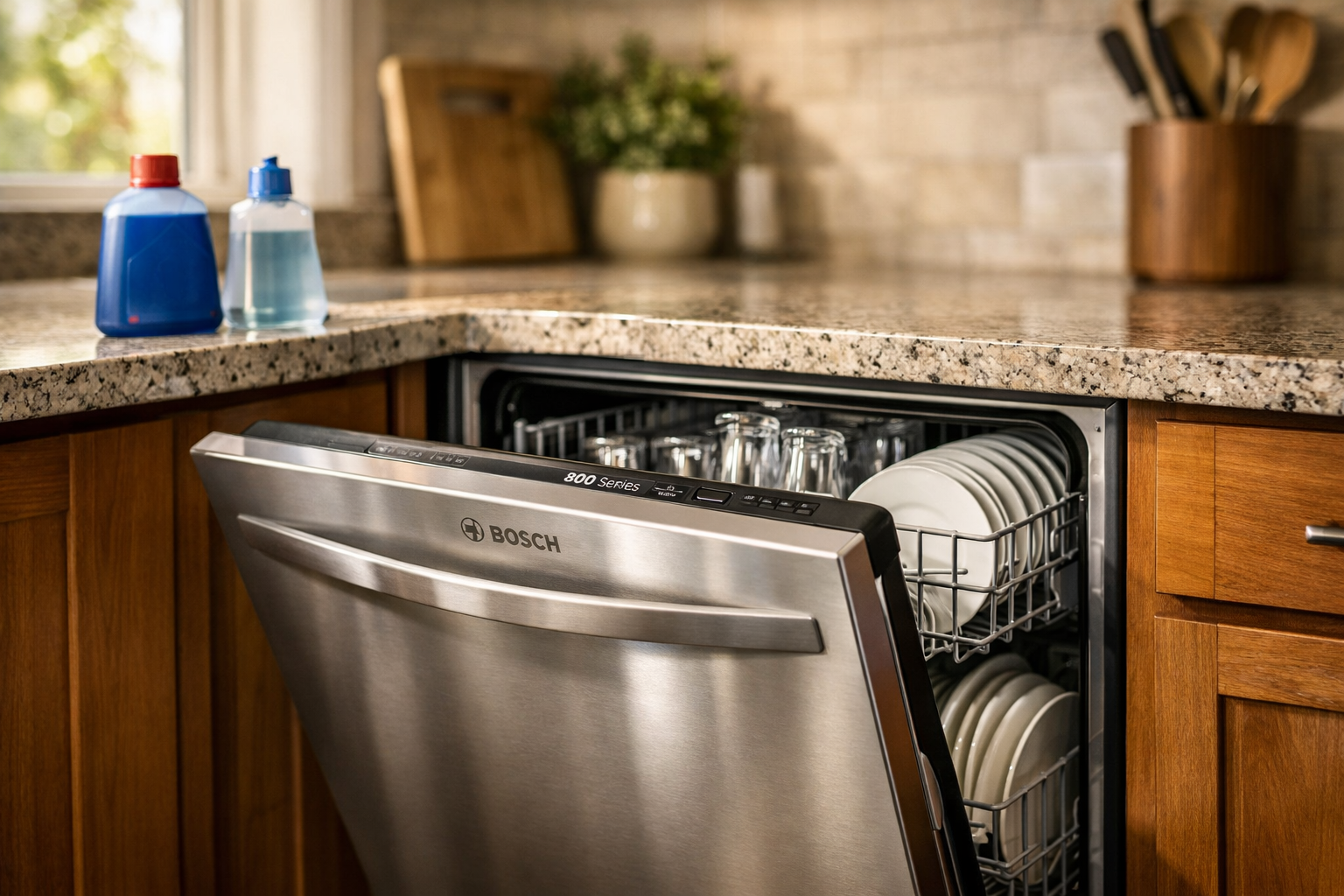 Bosch 800 Series dishwasher open with neatly stacked plates and glasses