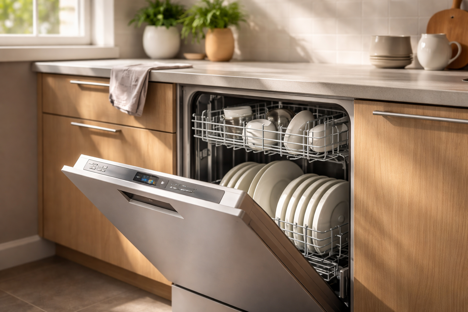 Bosch dishwasher open with neatly arranged plates and bowls inside