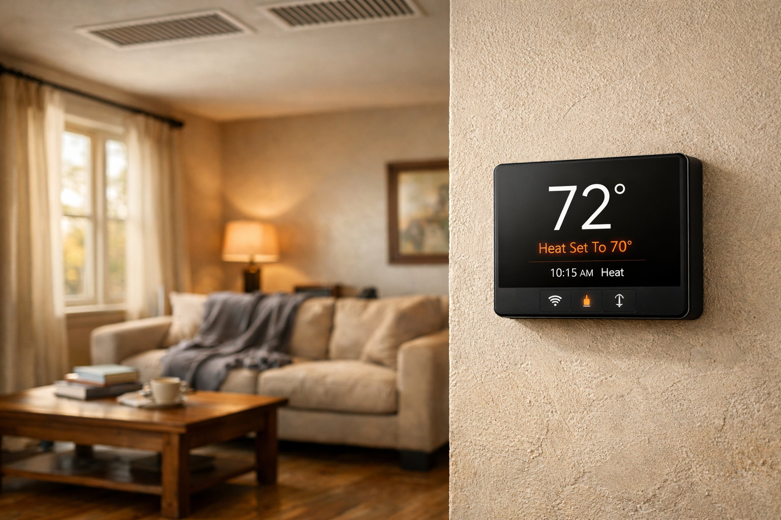 modern living room with wall-mounted HVAC thermostat and vents