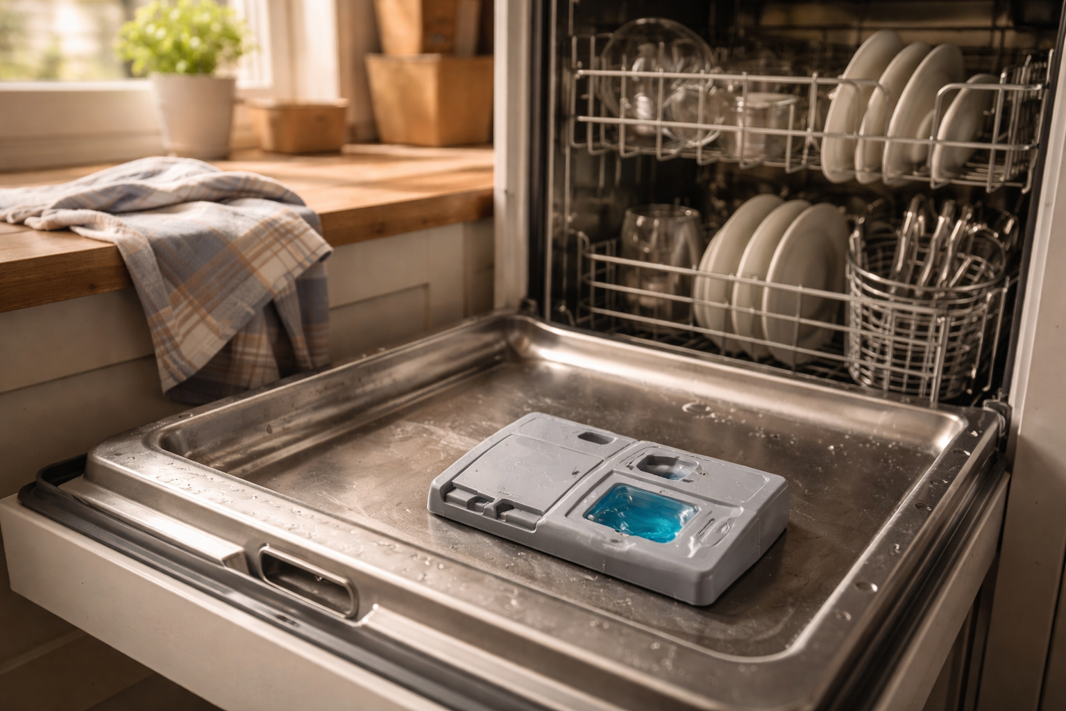 Open dishwasher showing rinse aid dispenser and clean dishes