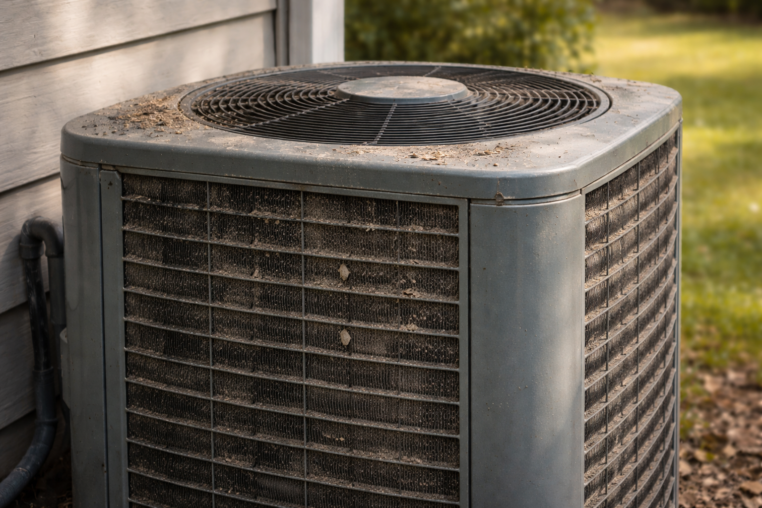 Dirty outdoor HVAC condenser unit causing poor cooling performance