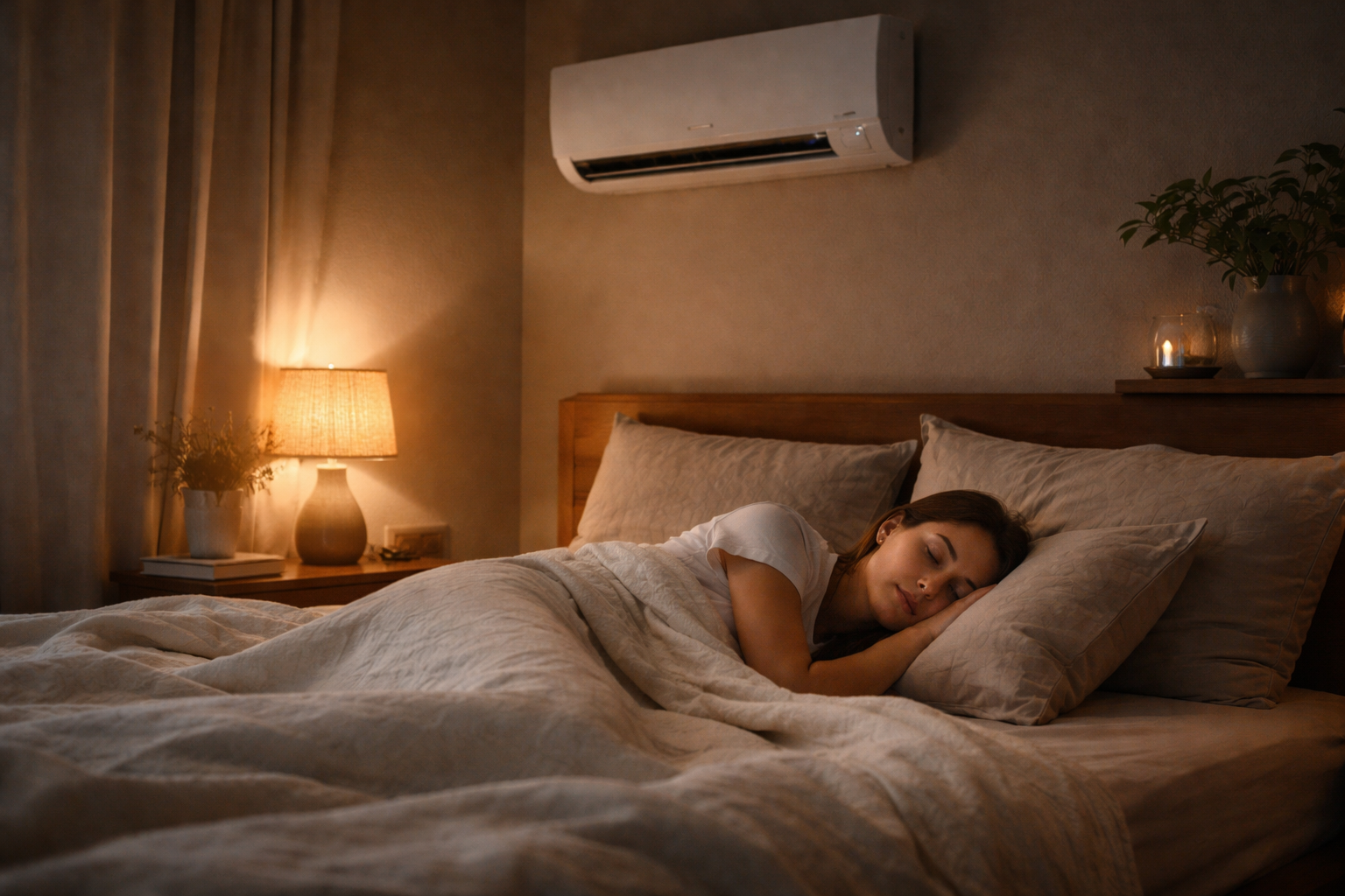 person sleeping comfortably in bedroom with air conditioner running