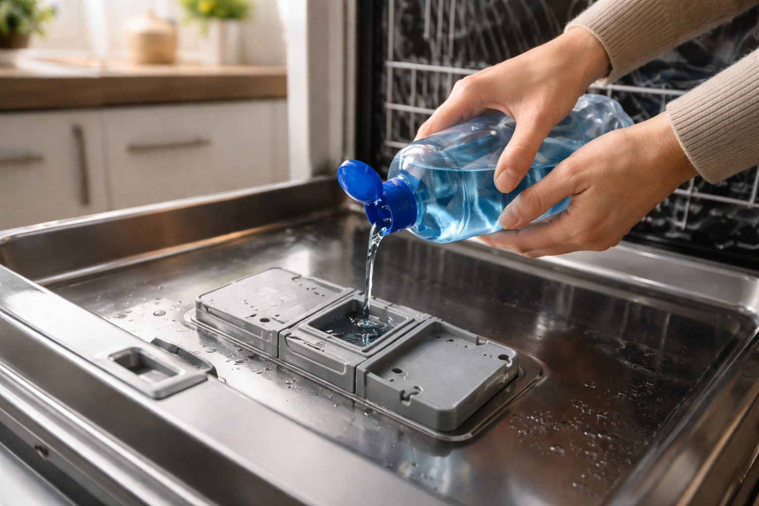 Filling dishwasher rinse aid dispenser in a home kitchen setting