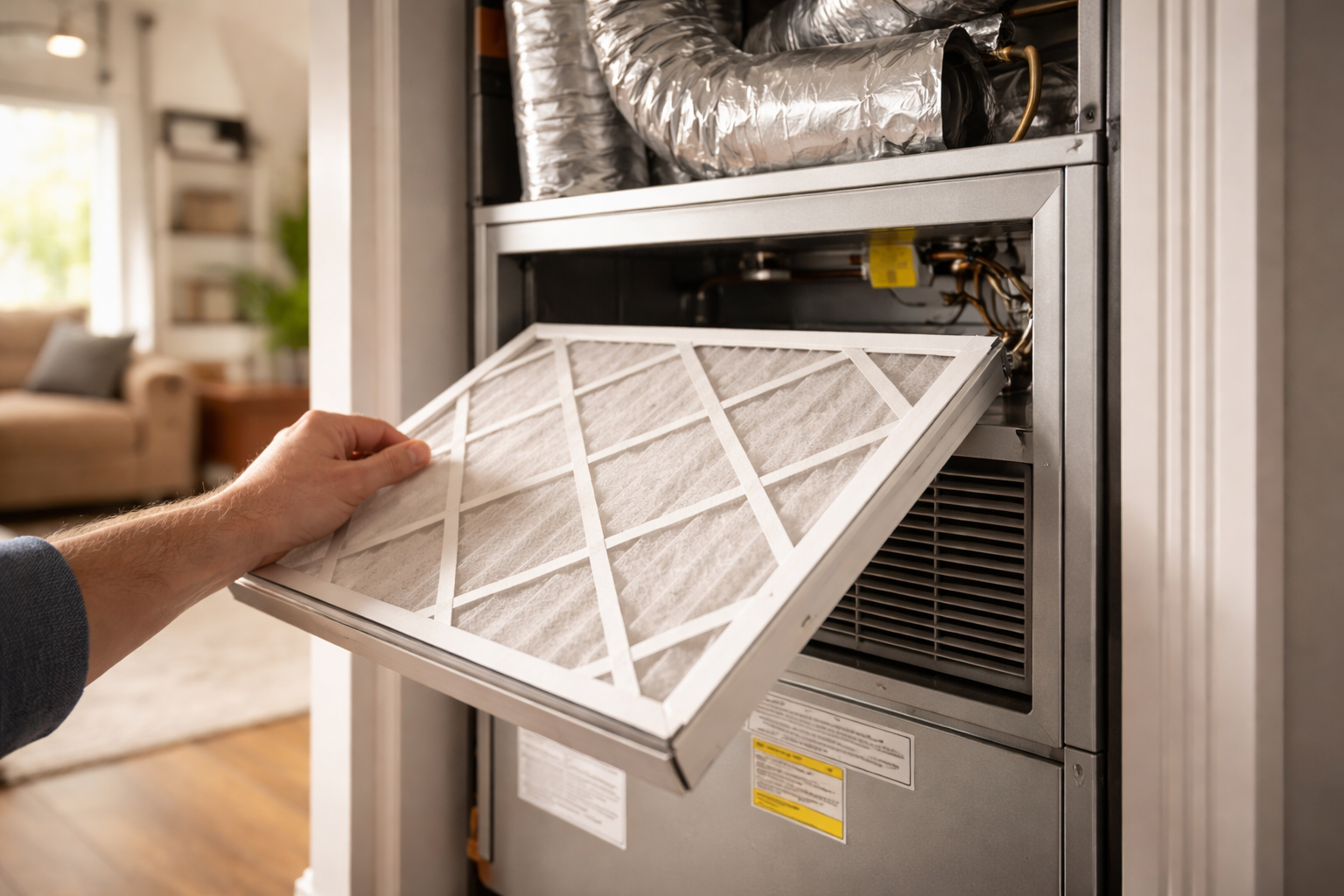 Homeowner checking clean HVAC air filter during maintenance