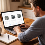 Homeowner comparing HVAC systems on laptop at wooden table